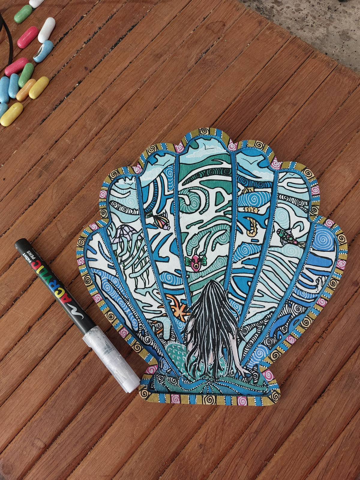 Petit plateau bois décoratif "sirène en mer"... piece unique! livraison offerte